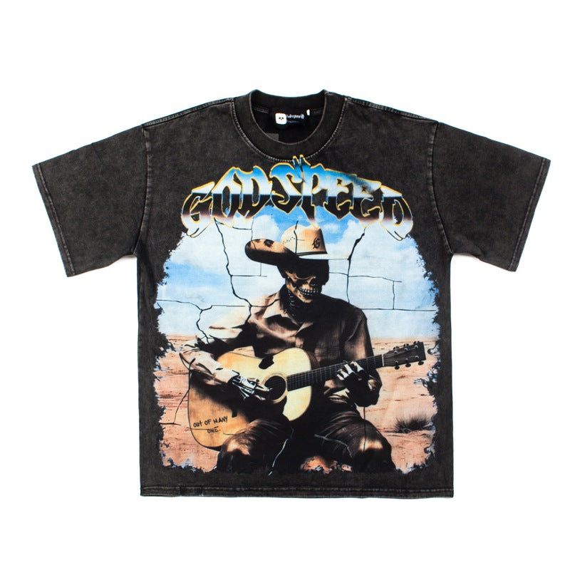 2026 American Retro Skull Guitar Man Print Washed T-shirt