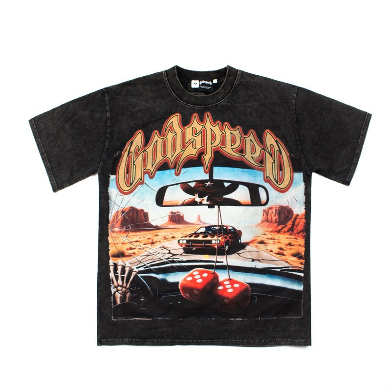 2026 American Skull Racing Retro Print High Street Casual T-shirt