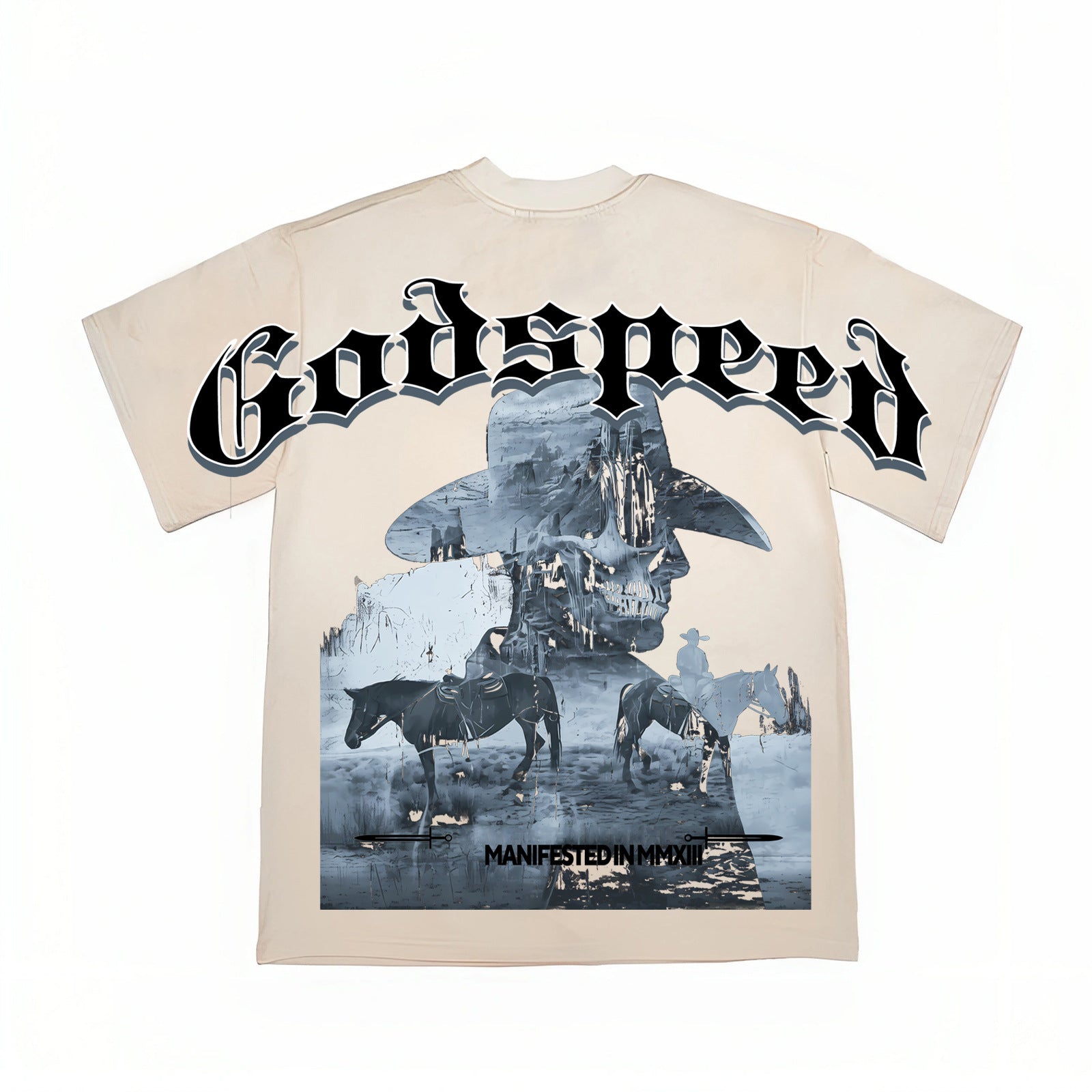 2026 American Retro Horseman Skull Print Washed T-shirt