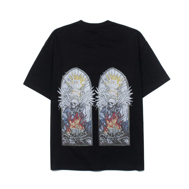 2026 American High Street Retro Devil Skull Window Print T-shirt