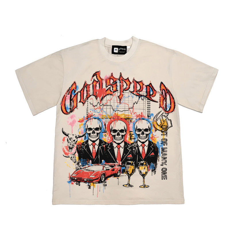 2026 American Style New Trader Skull Print Retro Washed T-shirt
