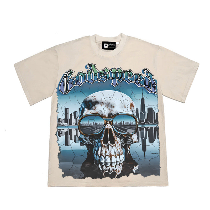 2026 American High Street Retro Washed Distressed Skull T-shirt