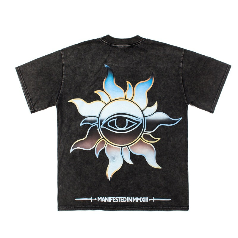 2026 American Retro Skull Guitar Man Print Washed T-shirt