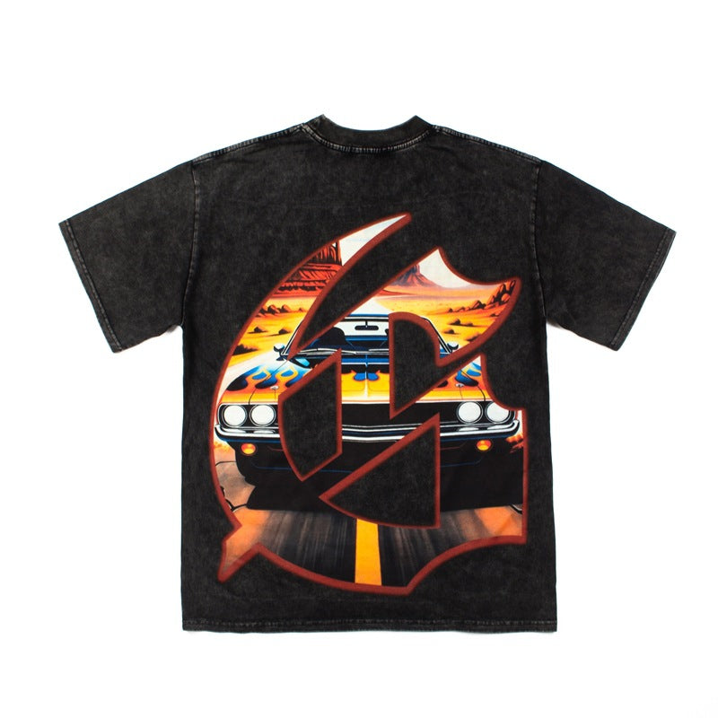 2026 American Skull Racing Retro Print High Street Casual T-shirt