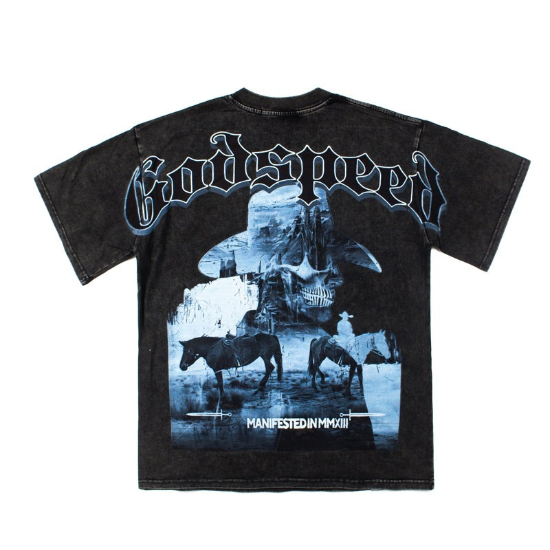 2026 American Retro Horseman Skull Print Washed T-shirt