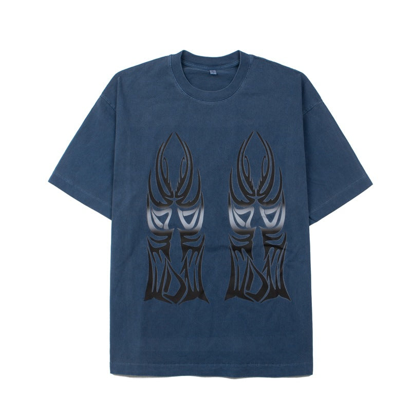 2026 American High Street Window Flame Print Retro Loose T-shirt