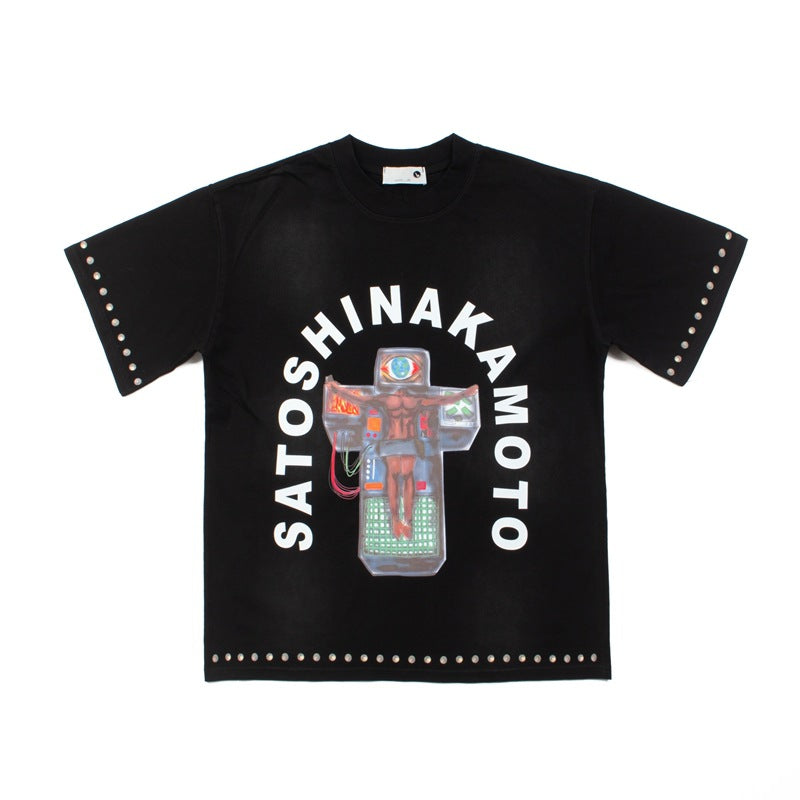 2026 American street style letter print washed retro distressed T-shirt