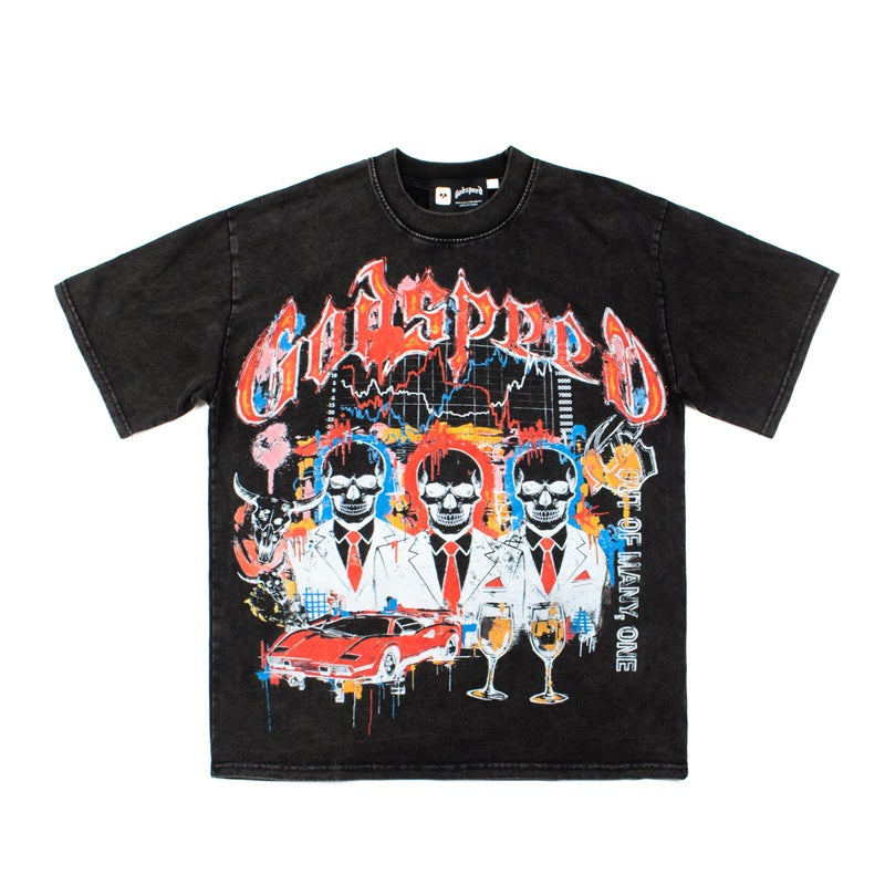 2026 American Style New Trader Skull Print Retro Washed T-shirt