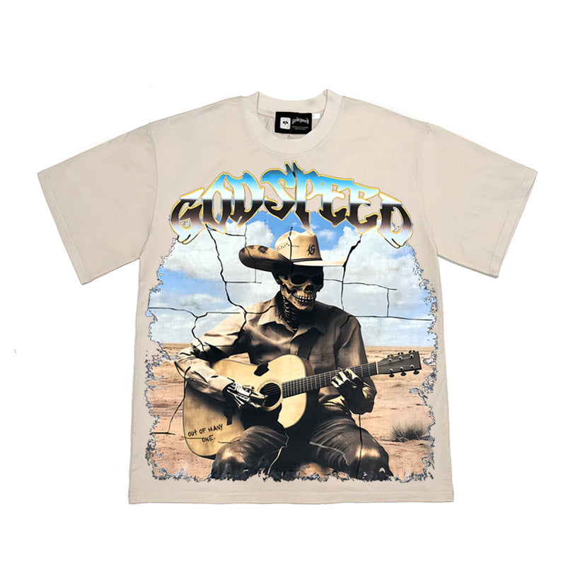 2026 American Retro Skull Guitar Man Print Washed T-shirt